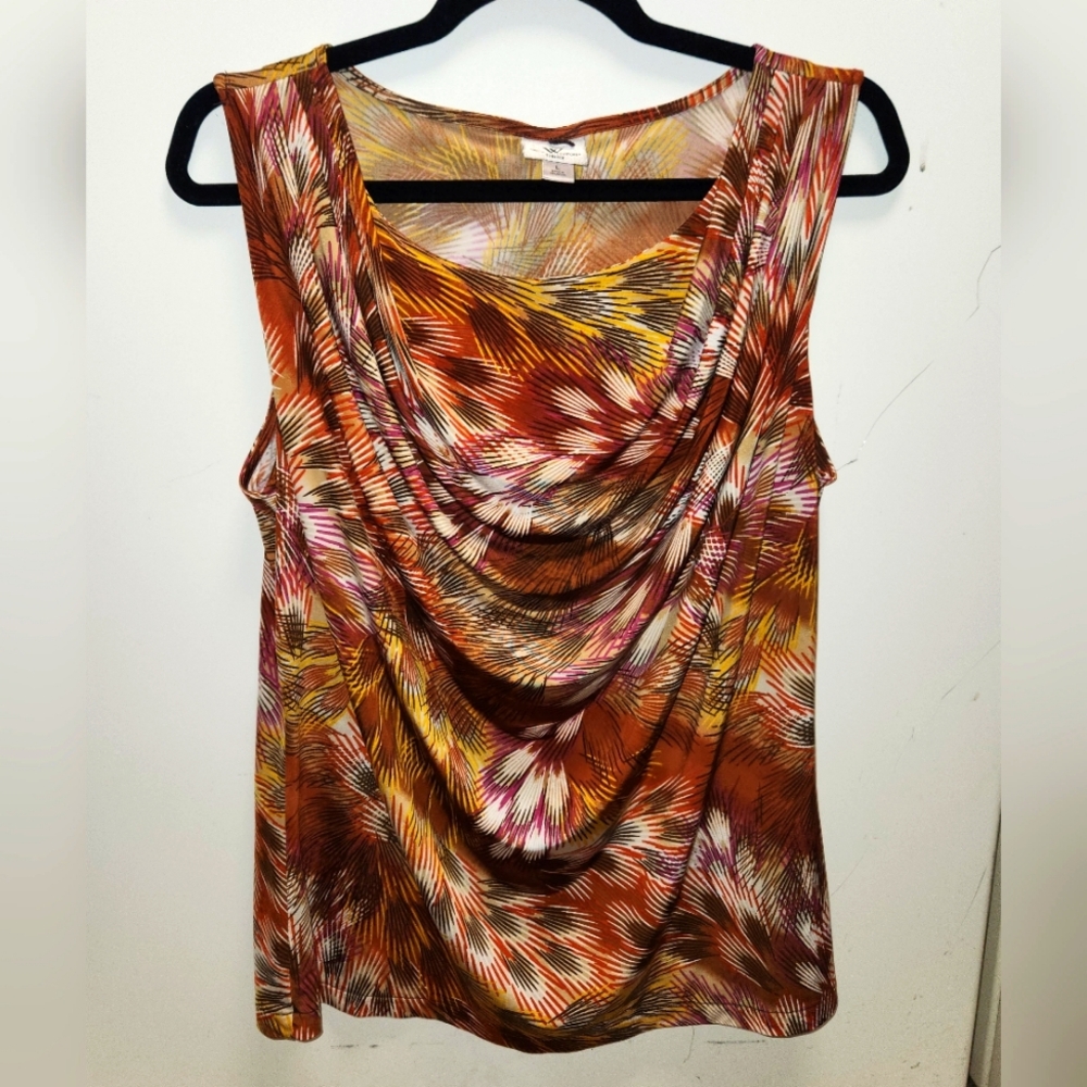 Feather palm print blouse brown red yellow fall color large stretch cowl neck